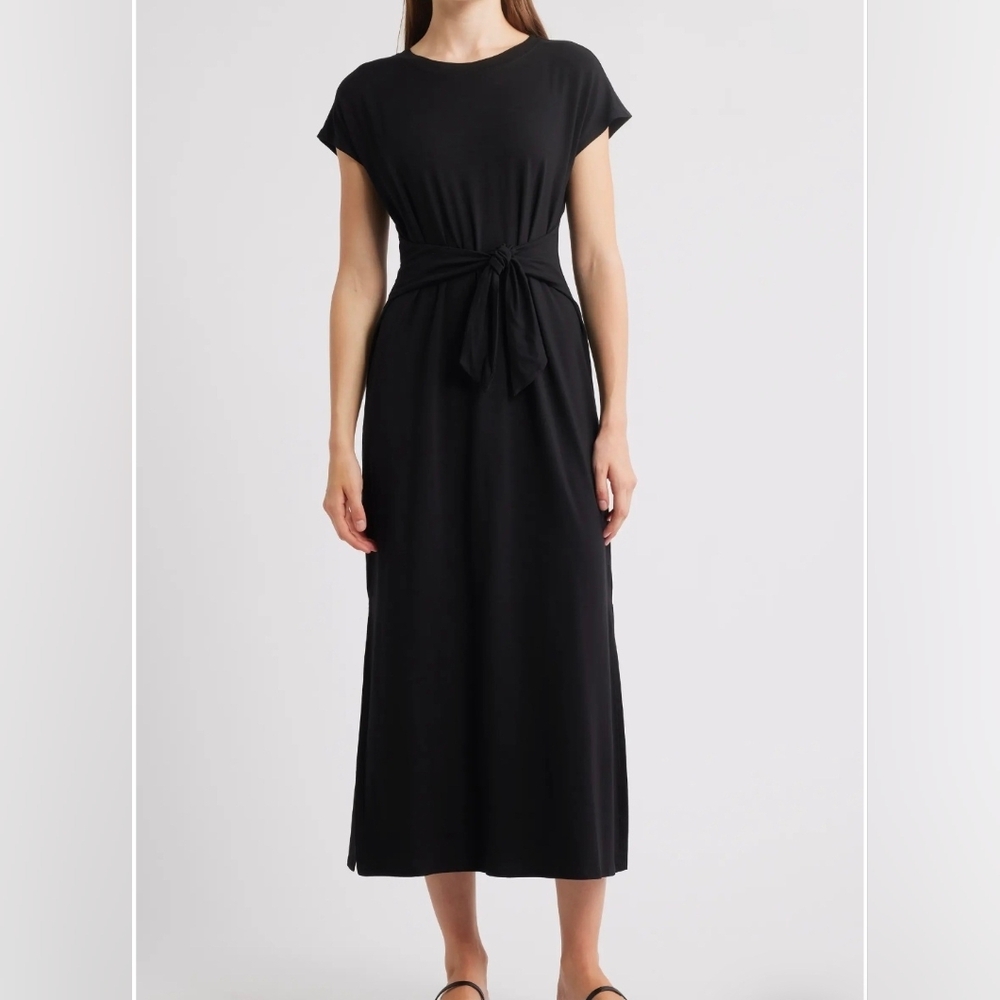 Eileen Fisher Black Jersey Crew Neck Maxi Dress Size Medium NWT Minimalist